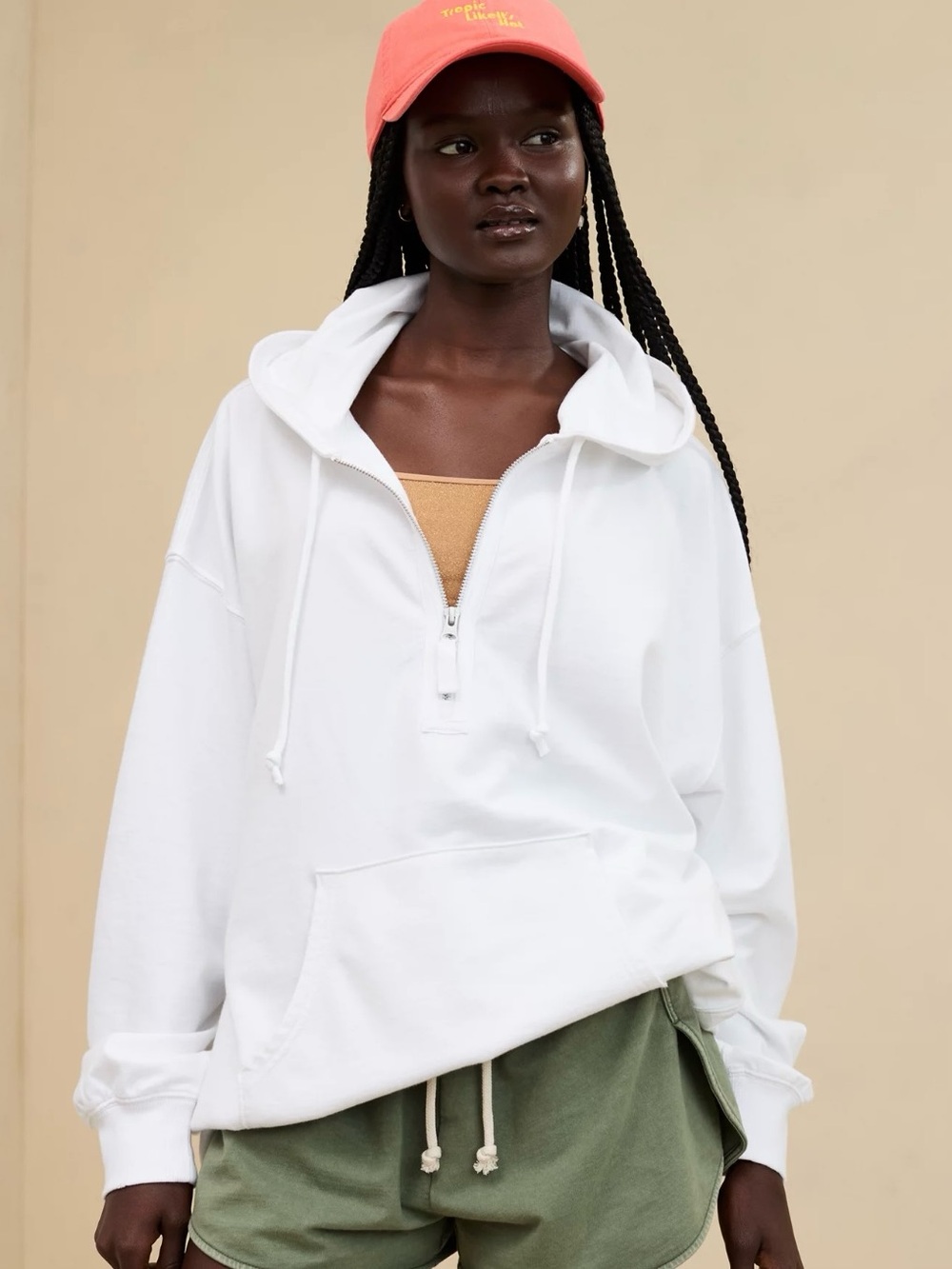 Aerie Oversized Quarter Zip Hoodie White 100% Cotton Size S